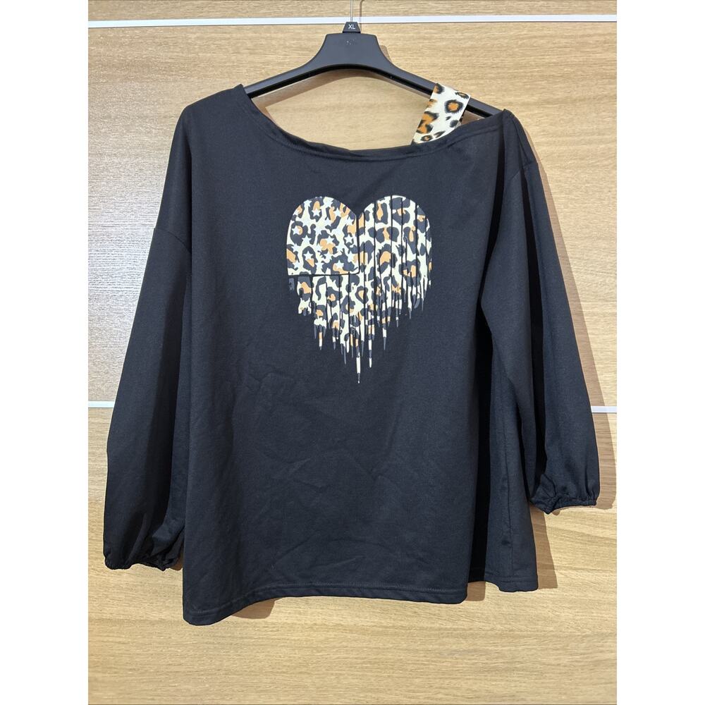 SHEIN Curve Women's Sz 2XL Heart Leopard Print Asymmetrical Neck T-shirt
